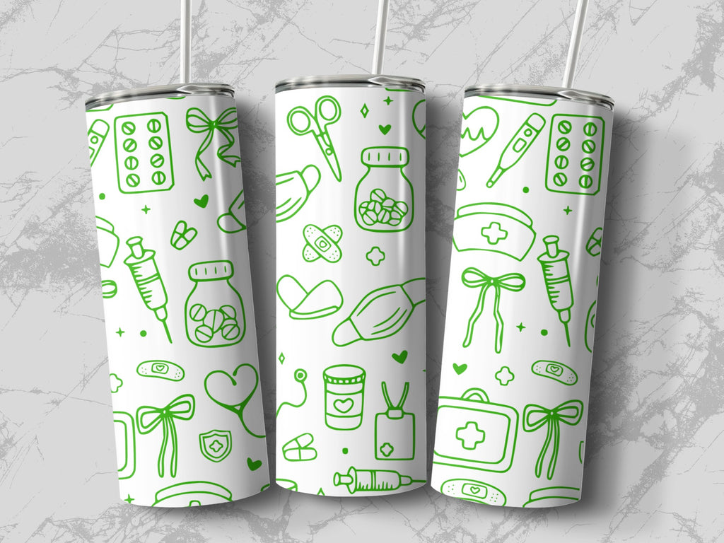 Green medical icons and symbols on three white tumblers against a marble background.