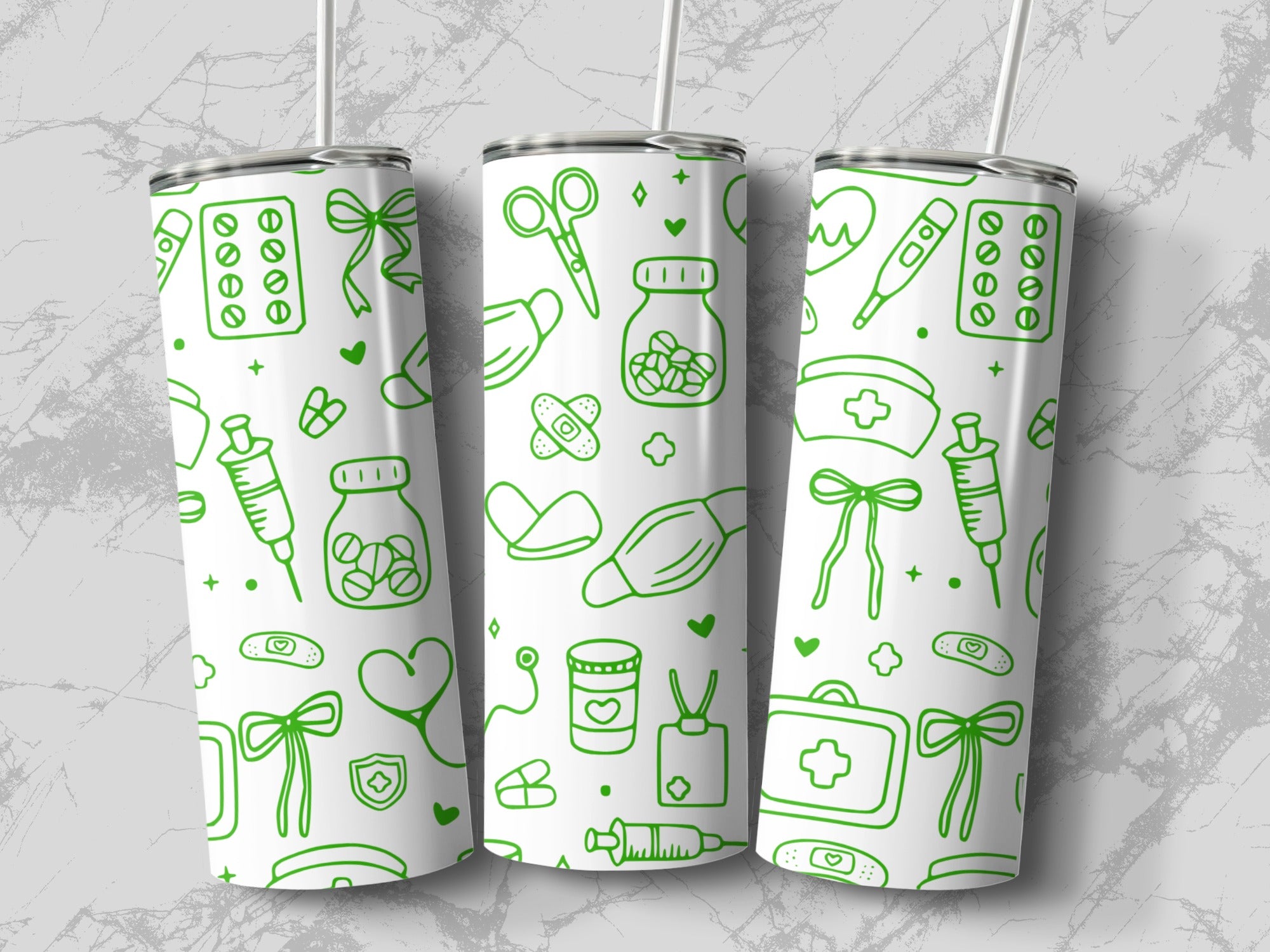 Green medical icons and symbols on three white tumblers against a marble background.