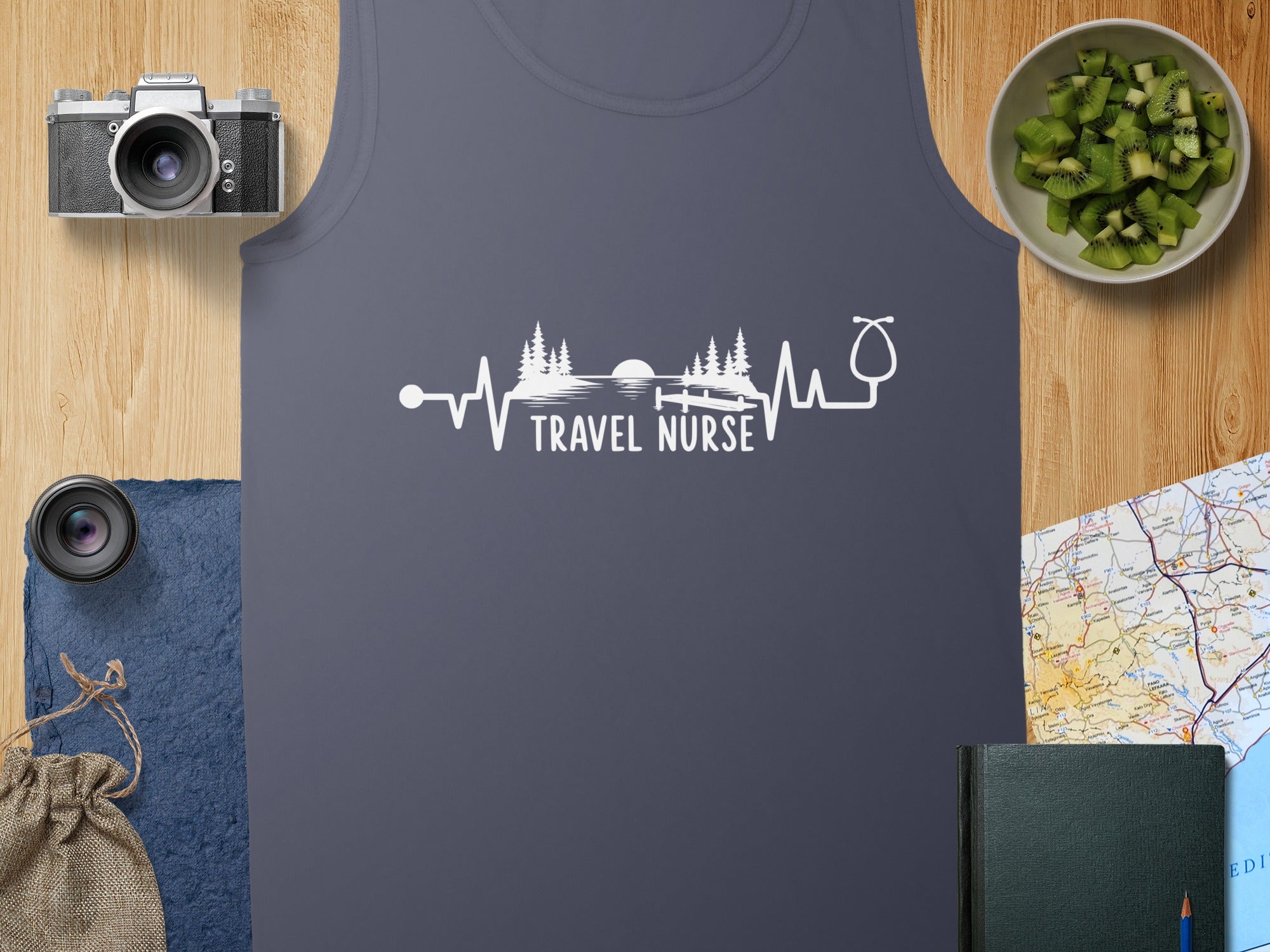 Tank top with "Travel Nurse" text and heart rate graphic.