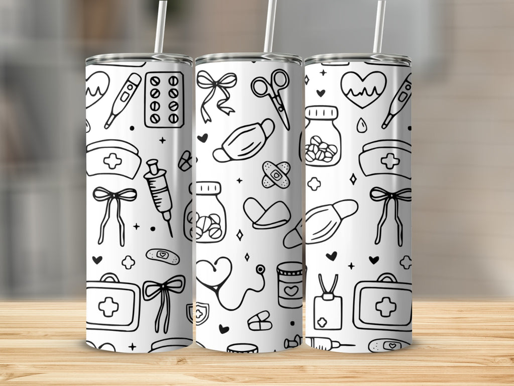 Medical themed tumbler with icons like hearts, stethoscopes, and bandages.