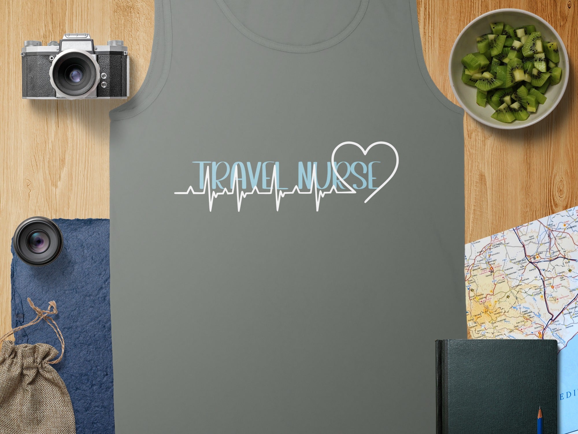 Grey tank top with "Travel Nurse" text and a heartbeat line.