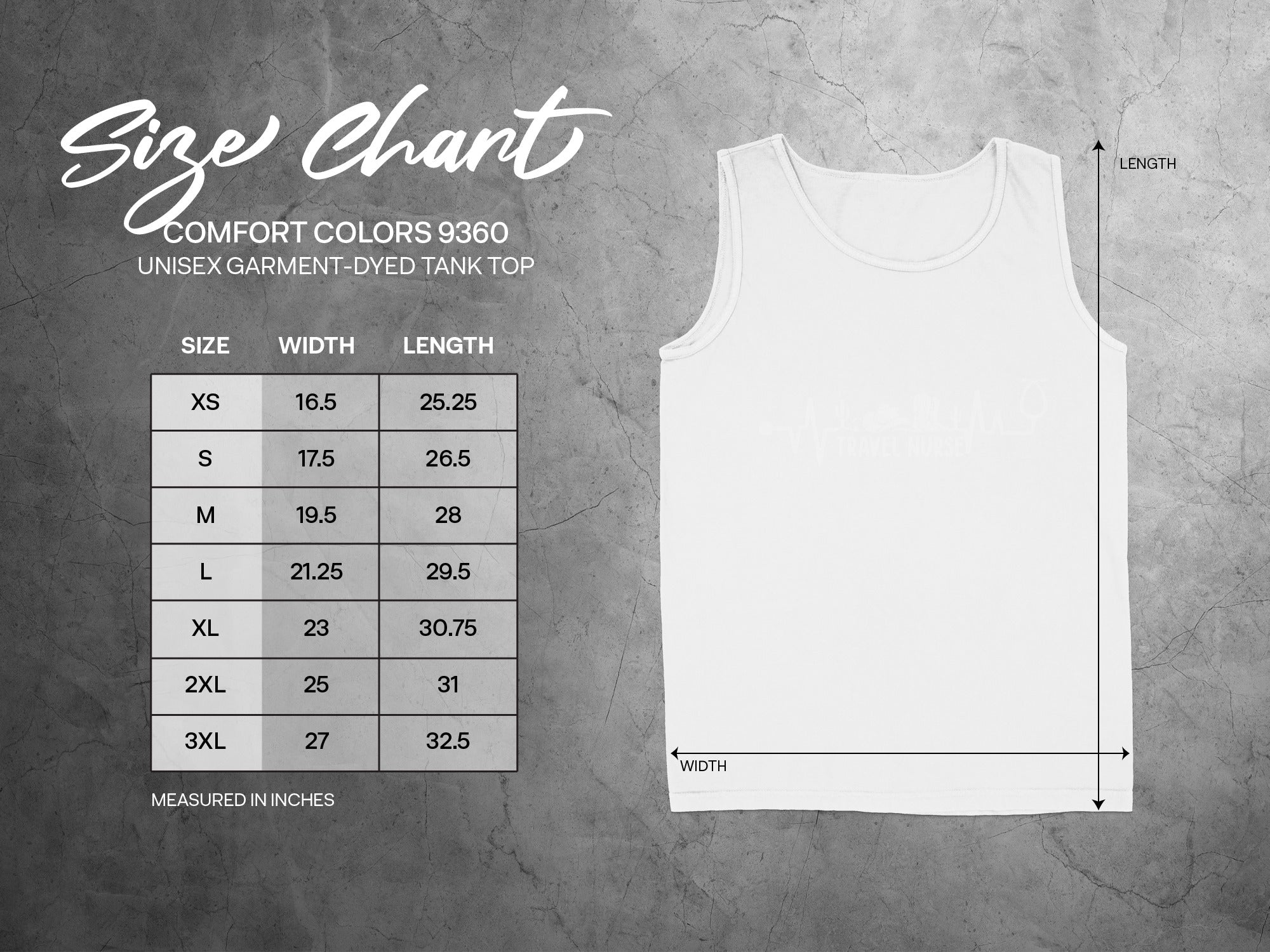 Unisex garment-dyed tank top size chart with measurements in inches.