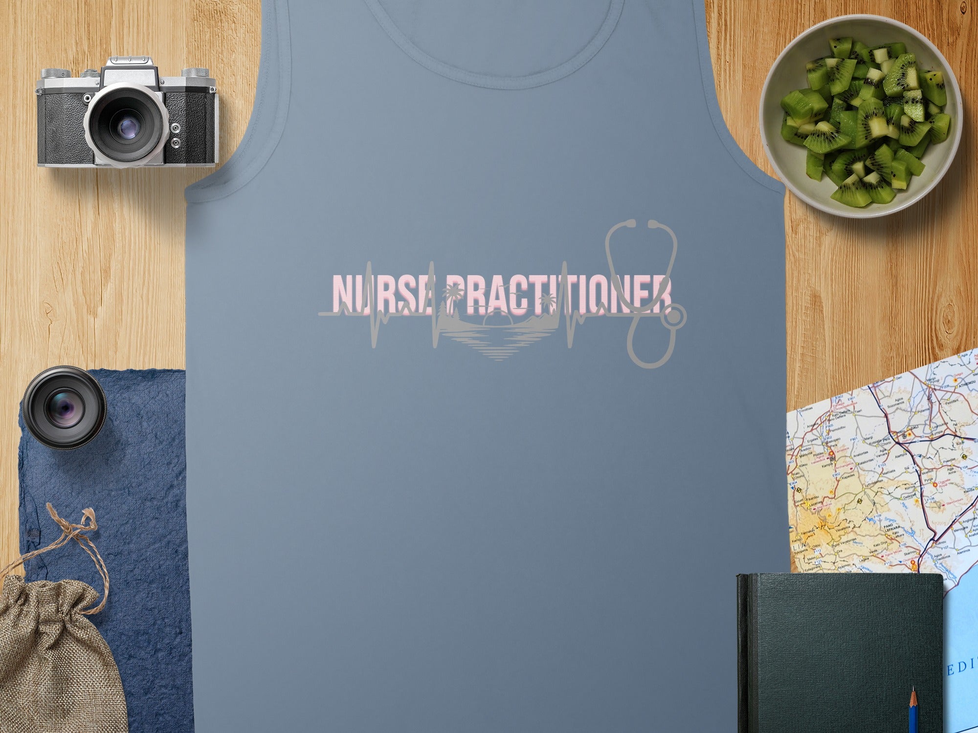 Blue tank top with "Nurse Practitioner" text and stethoscope graphic.