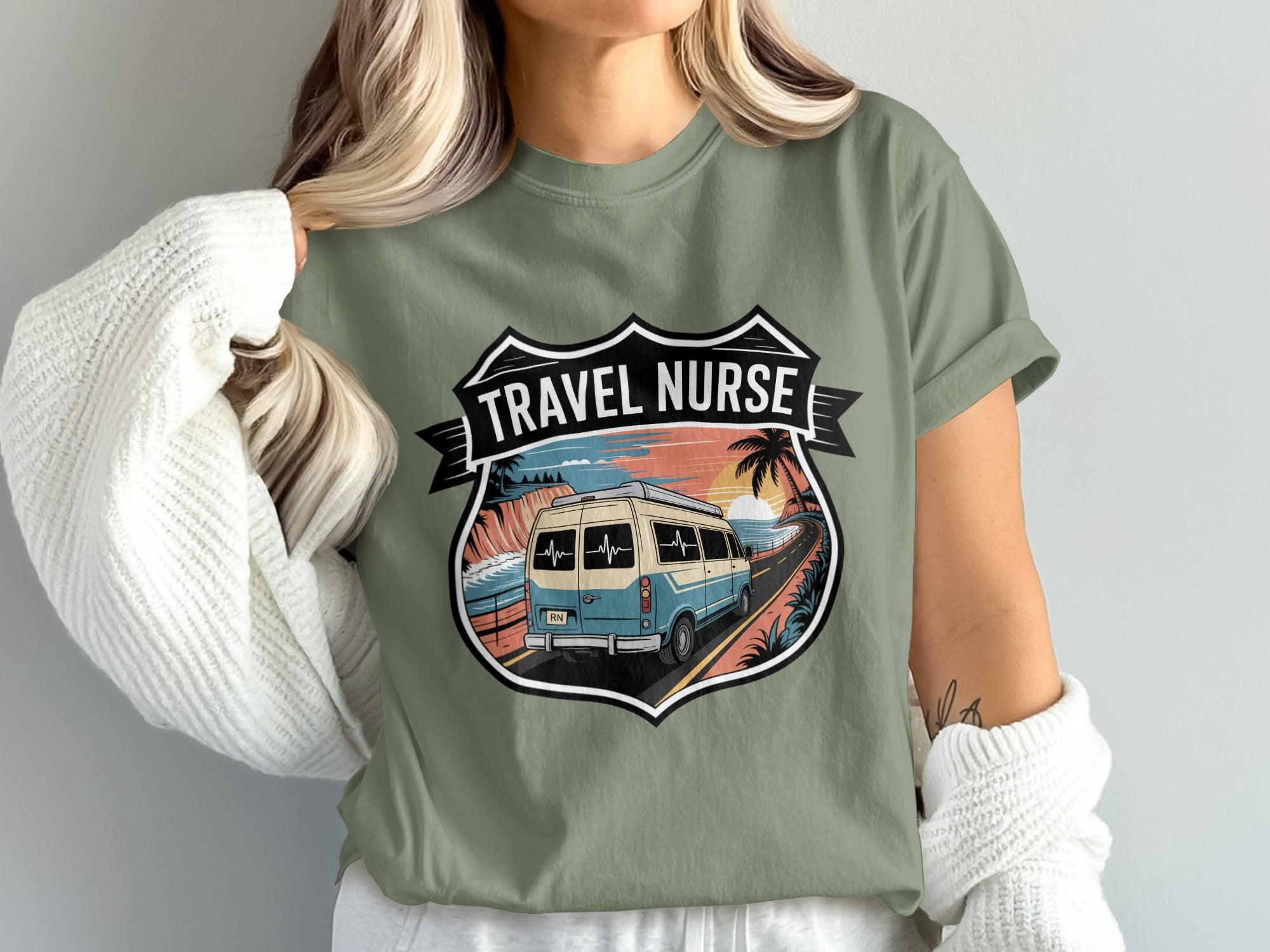 Travel Nurse graphic tee with a van driving by a beach at sunset.