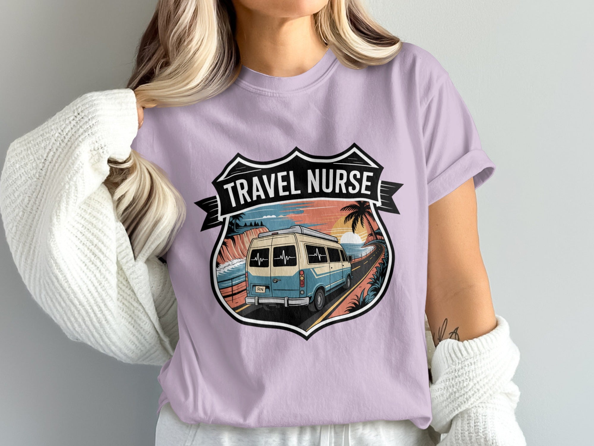 Illustration of a van traveling along a coastal road with "TRAVEL NURSE" text.