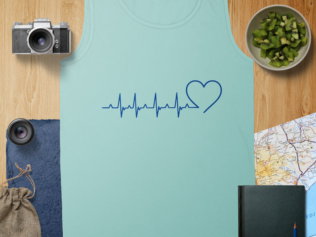 Light blue tank top with a blue heartbeat and heart graphic.