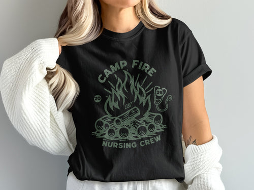 Black t-shirt with "Camp Fire Nursing Crew" and campfire graphic.