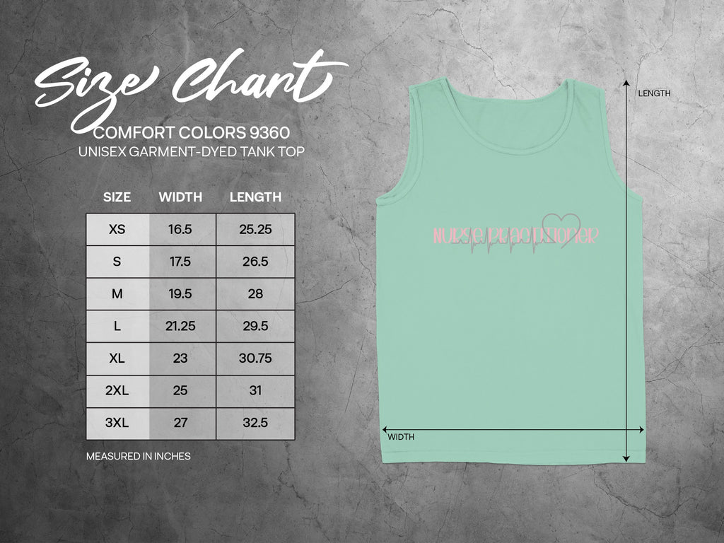 Size chart for Comfort Colors 9360 unisex tank top, with width and length measurements.