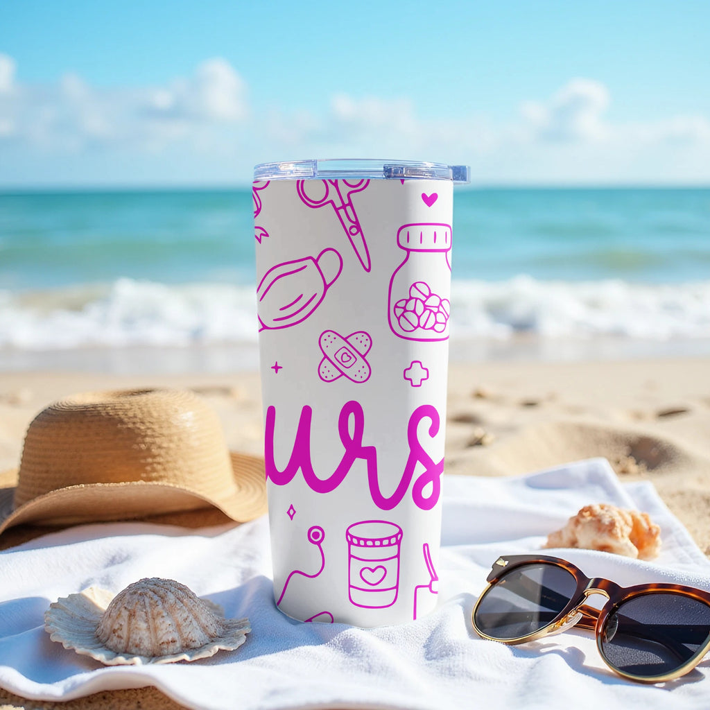 Pink medical icons on a white tumbler with beach background.