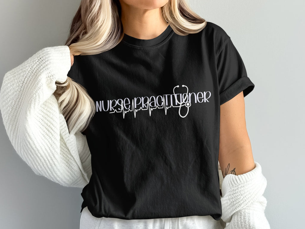 Black t-shirt with "Nurse Practitioner" text and stethoscope design.
