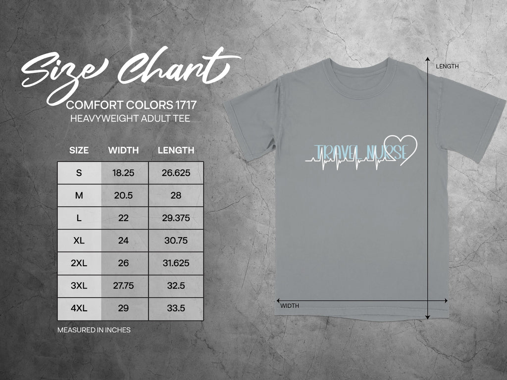 Comfort Colors 1717 heavyweight adult tee size chart with width and length measurements.