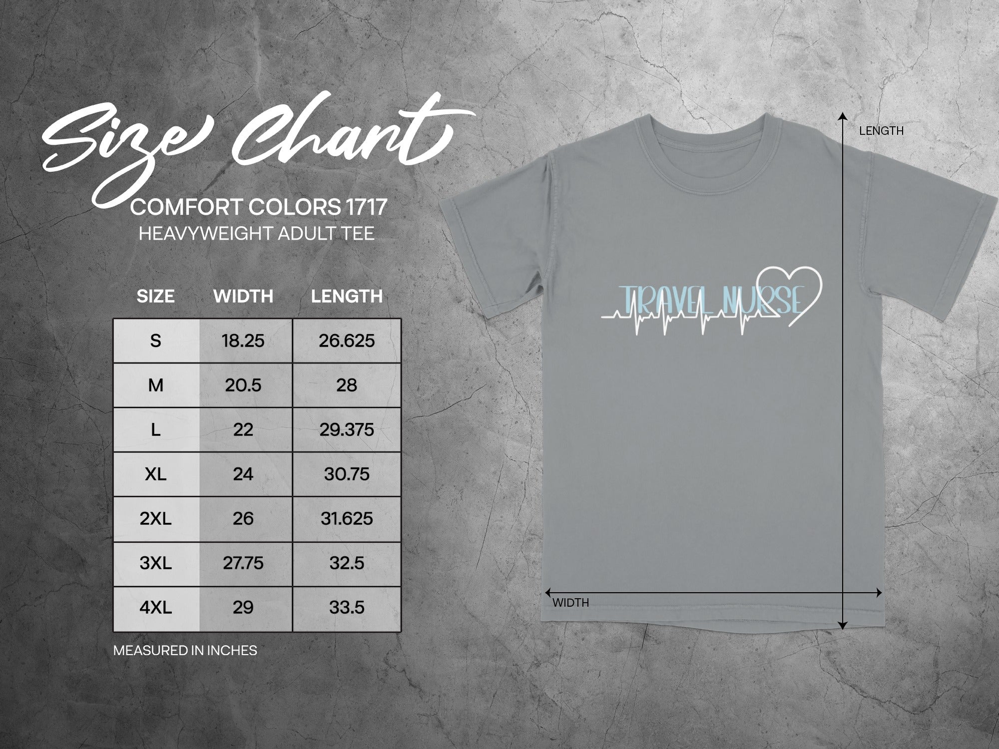 Comfort Colors 1717 heavyweight adult tee size chart with width and length measurements.