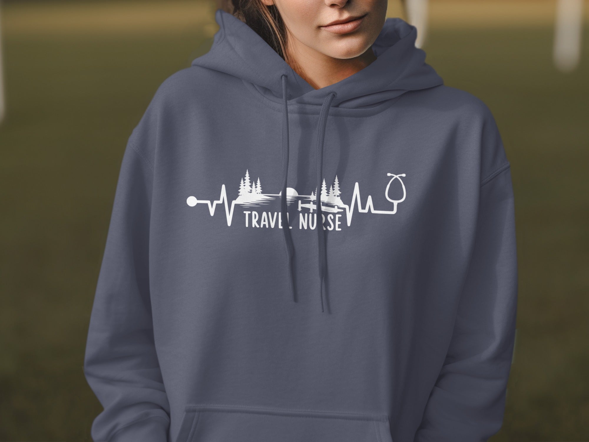 Navy hoodie with "TRAVEL NURSE" text and a heartbeat cardiogram design.