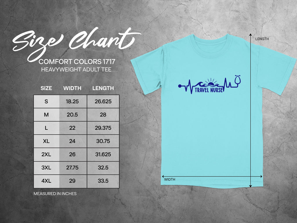 Comfort Colors 1717 heavyweight adult tee size chart with measurements.