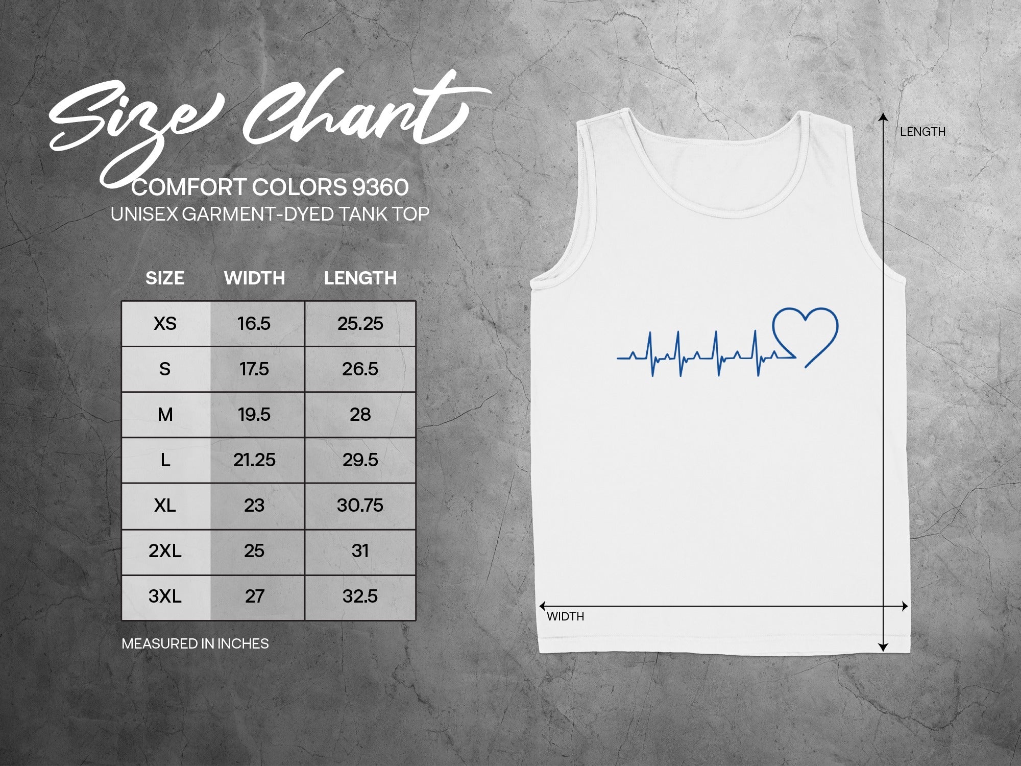 Unisex tank top size chart with measurements for width and length.