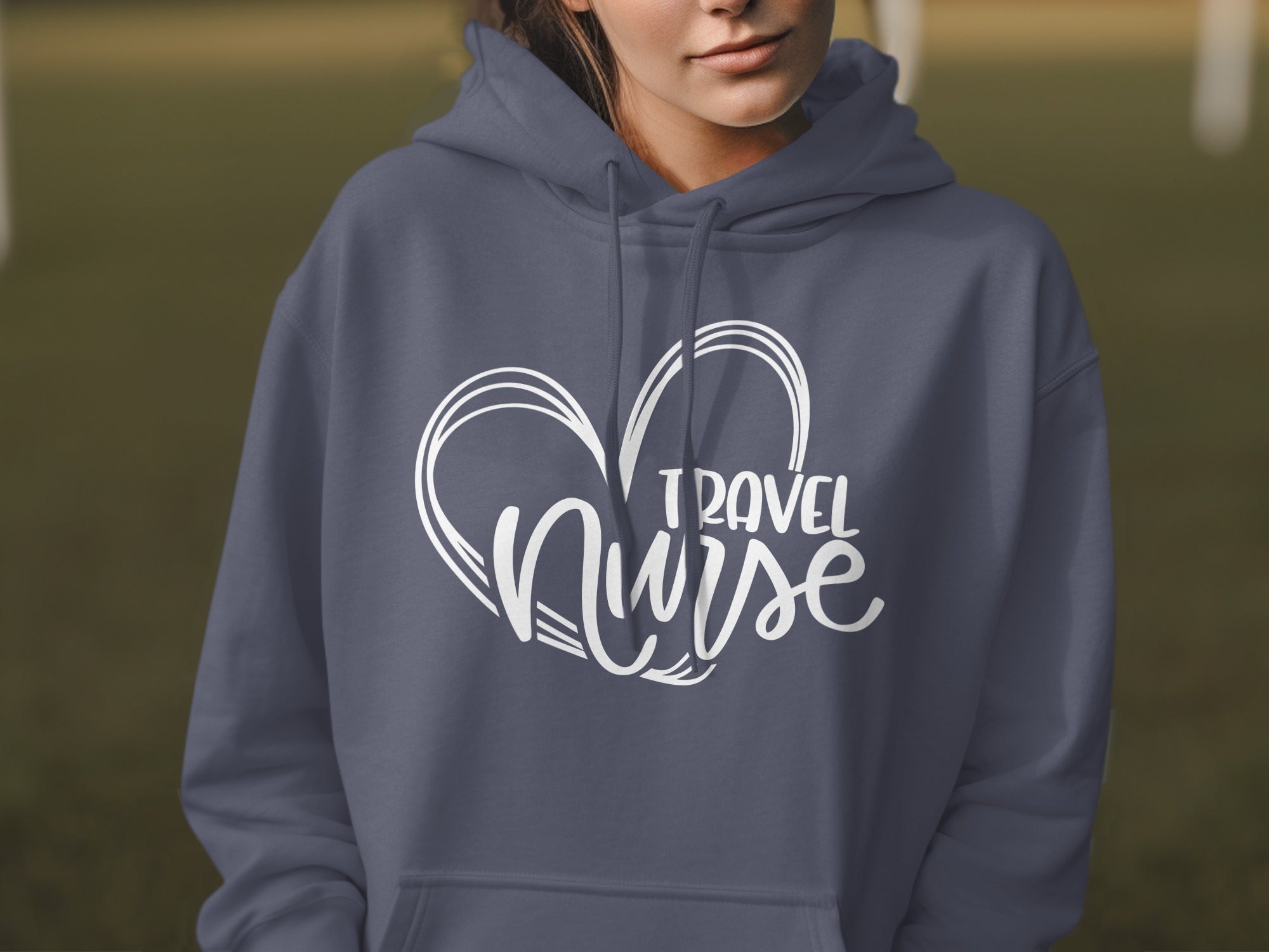 Navy hoodie with white "Travel Nurse" heart graphic on chest.