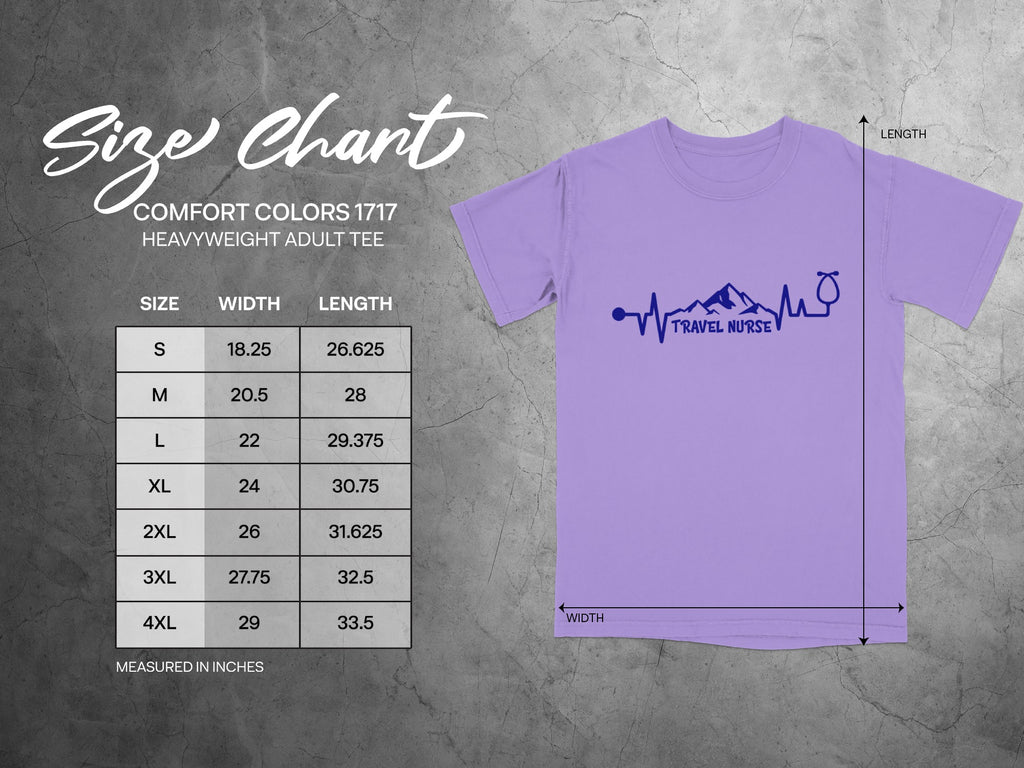 Comfort Colors 1717 size chart for heavyweight adult tees with width and length measurements.