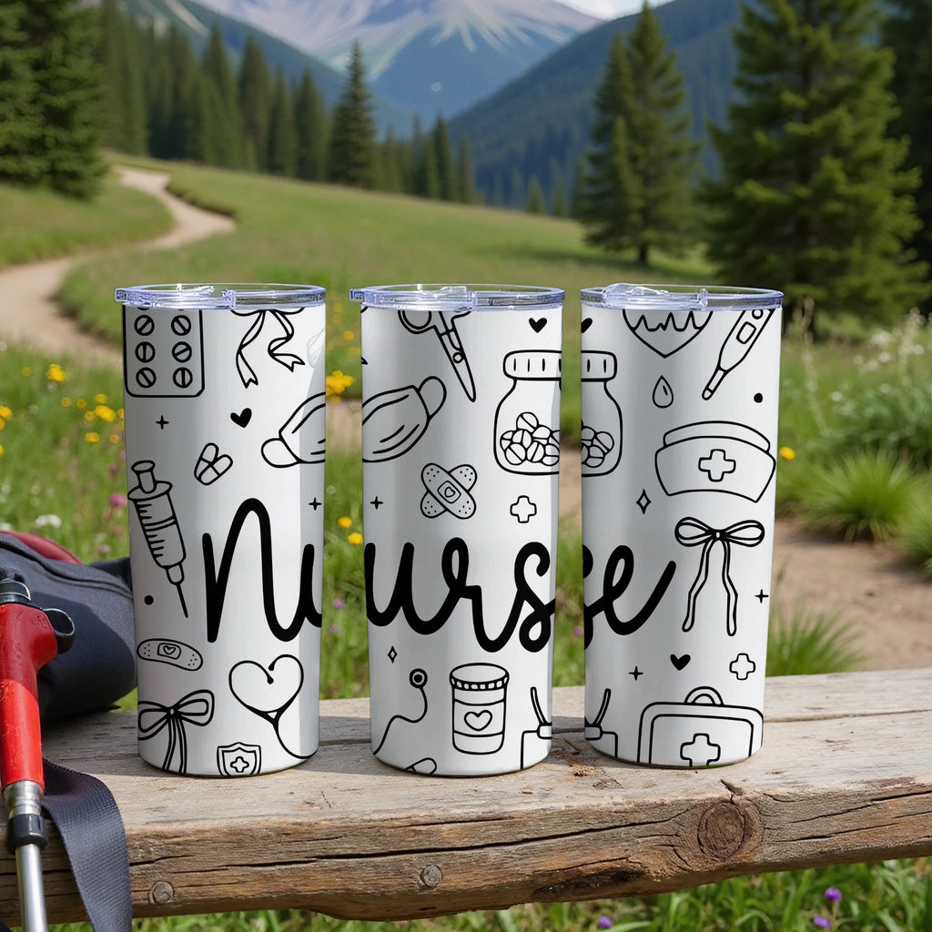 Three nurse-themed tumblers with medical icons on a wooden bench.