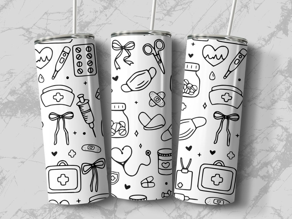Three tumblers with medical-themed line art, including hearts, stethoscopes, and band-aids.