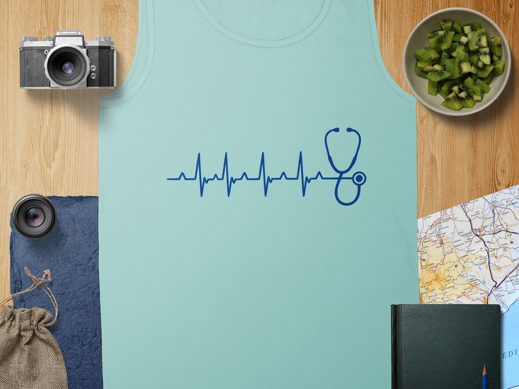 Light blue tank top with a dark blue stethoscope and heartbeat graphic.