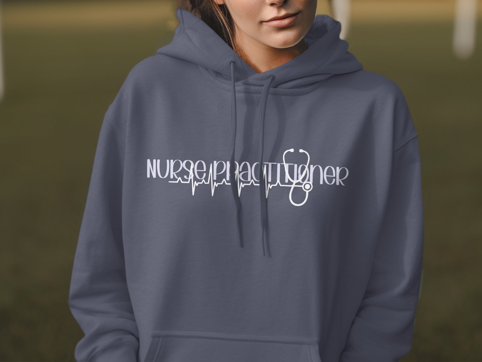 Grey hoodie with "Nurse Practitioner" text and stethoscope ECG design.