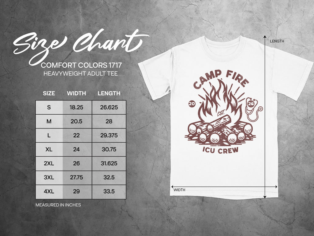 Comfort Colors 1717 size chart for adult heavyweight tee with campfire graphic.