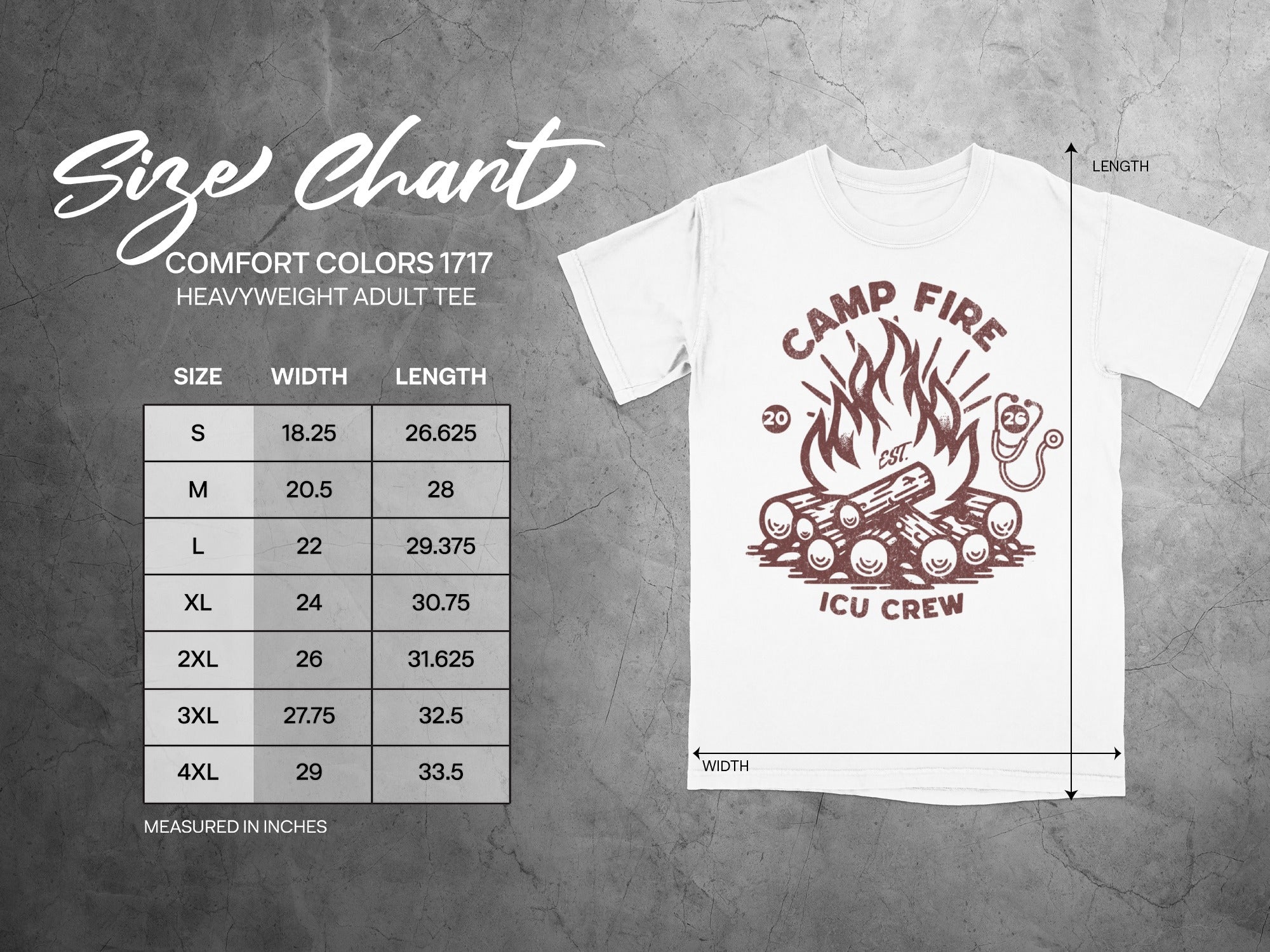 Comfort Colors 1717 size chart for adult heavyweight tee with campfire graphic.