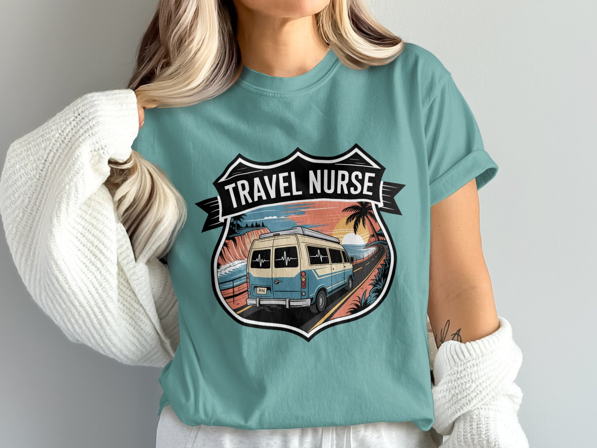 Van traveling along coastal road with palm trees and sunset, "Travel Nurse" banner.