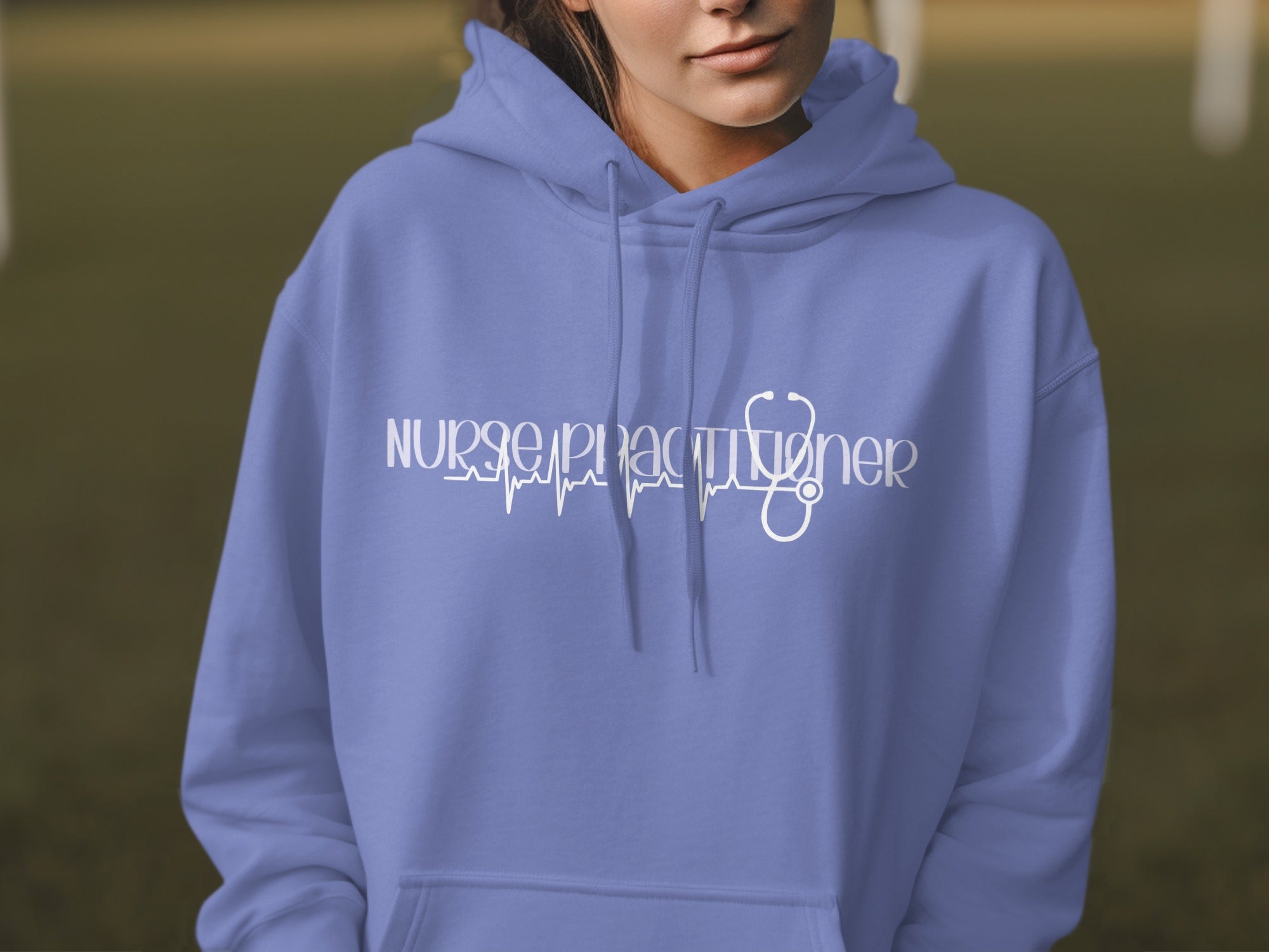Periwinkle hoodie with "Nurse Practitioner" and stethoscope design.
