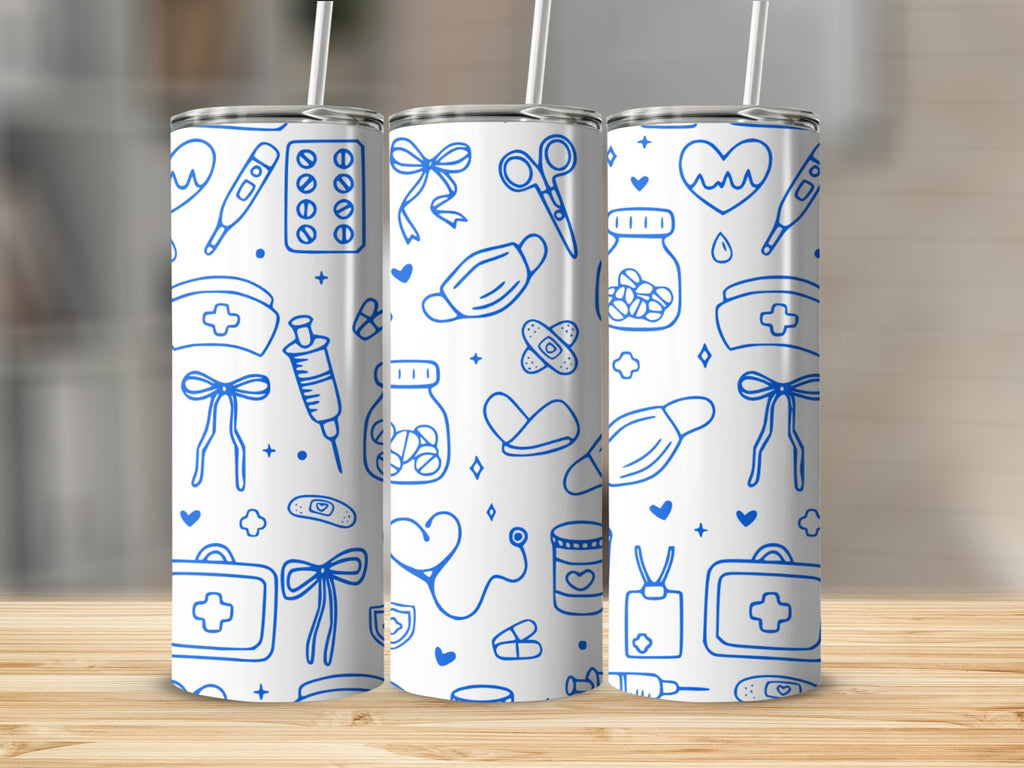 Blue medical icons on a white tumbler, including stethoscope, mask, and pills.