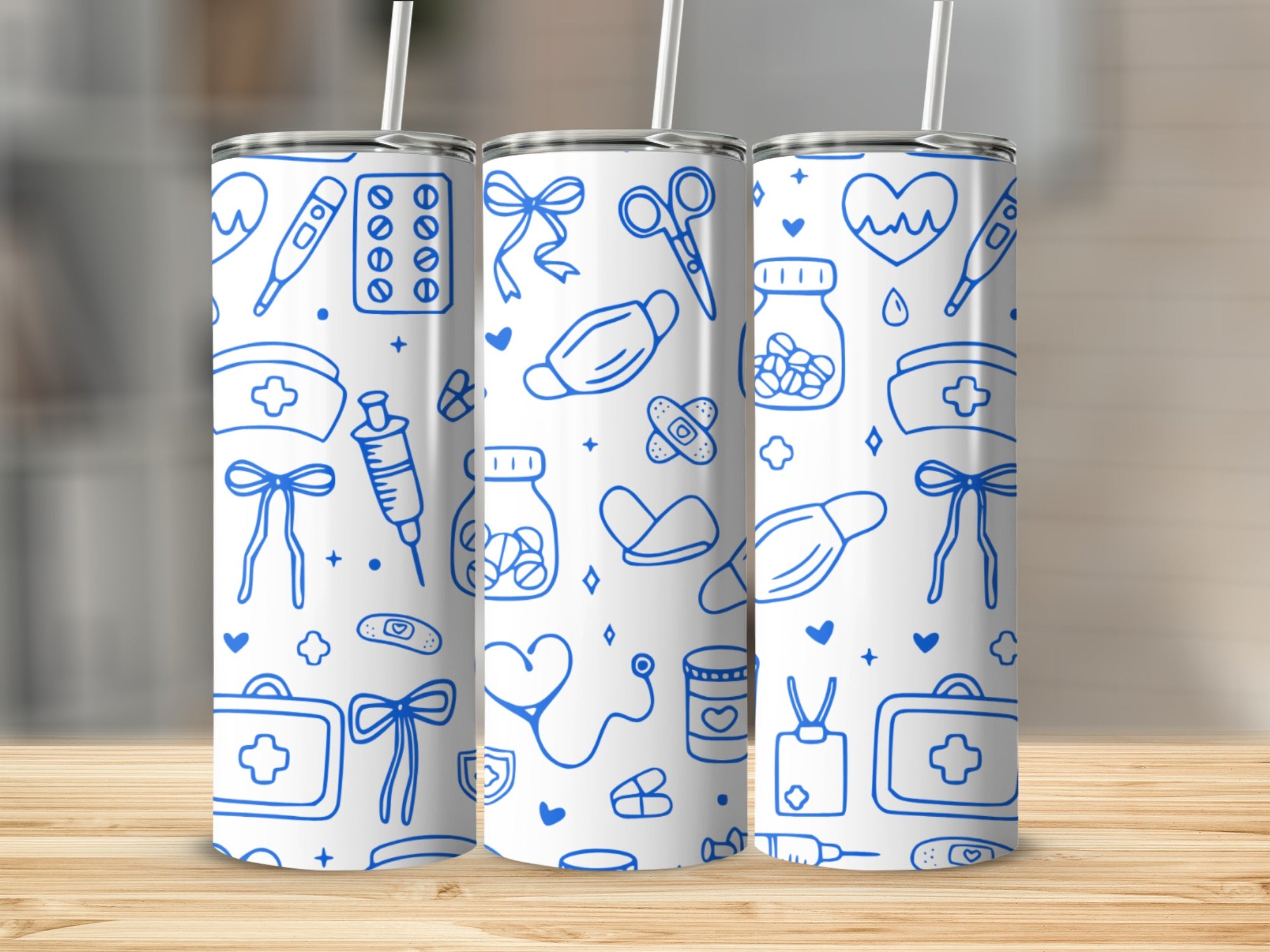 Blue medical icons on a white tumbler, including stethoscope, mask, and pills.