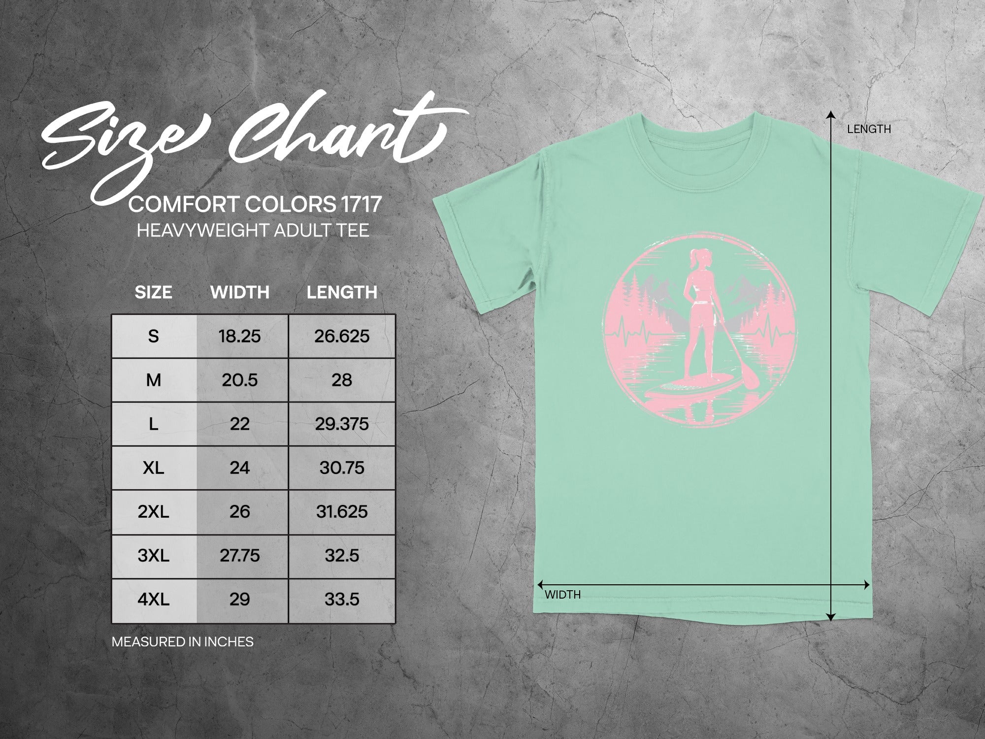 Comfort Colors 1717 heavyweight adult tee size chart with width and length measurements.