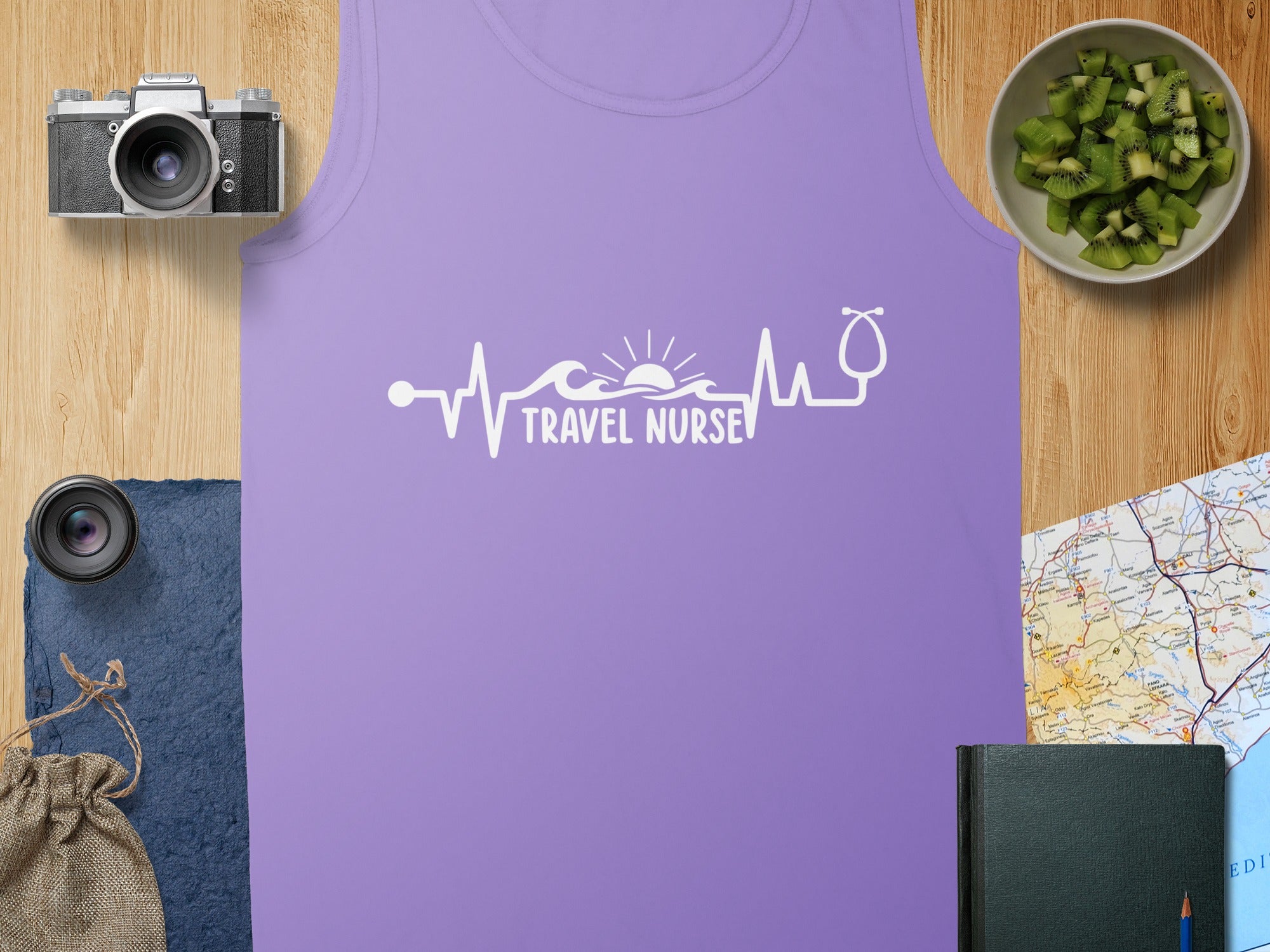 Purple tank top with "Travel Nurse" text and medical heartbeat graphic.