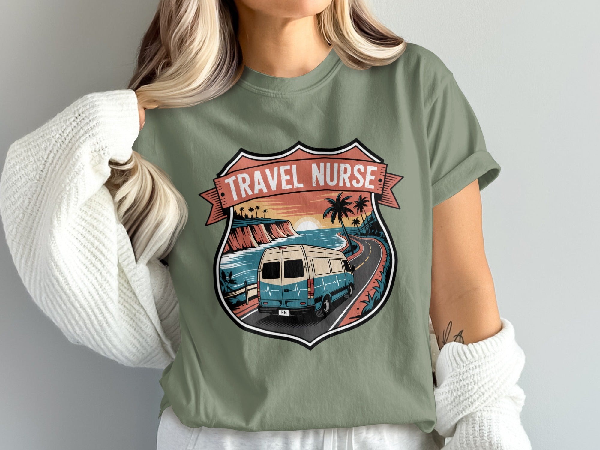 Travel nurse shield with van driving on coastal road and sunset.