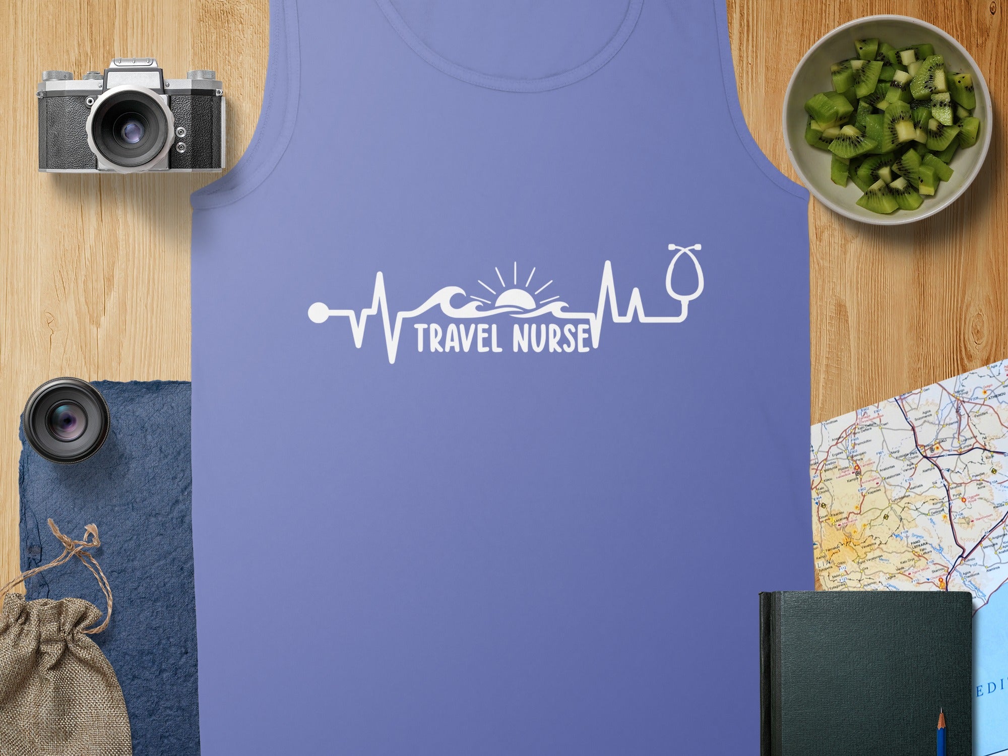 Purple tank top with "TRAVEL NURSE" electrocardiogram and stethoscope design.