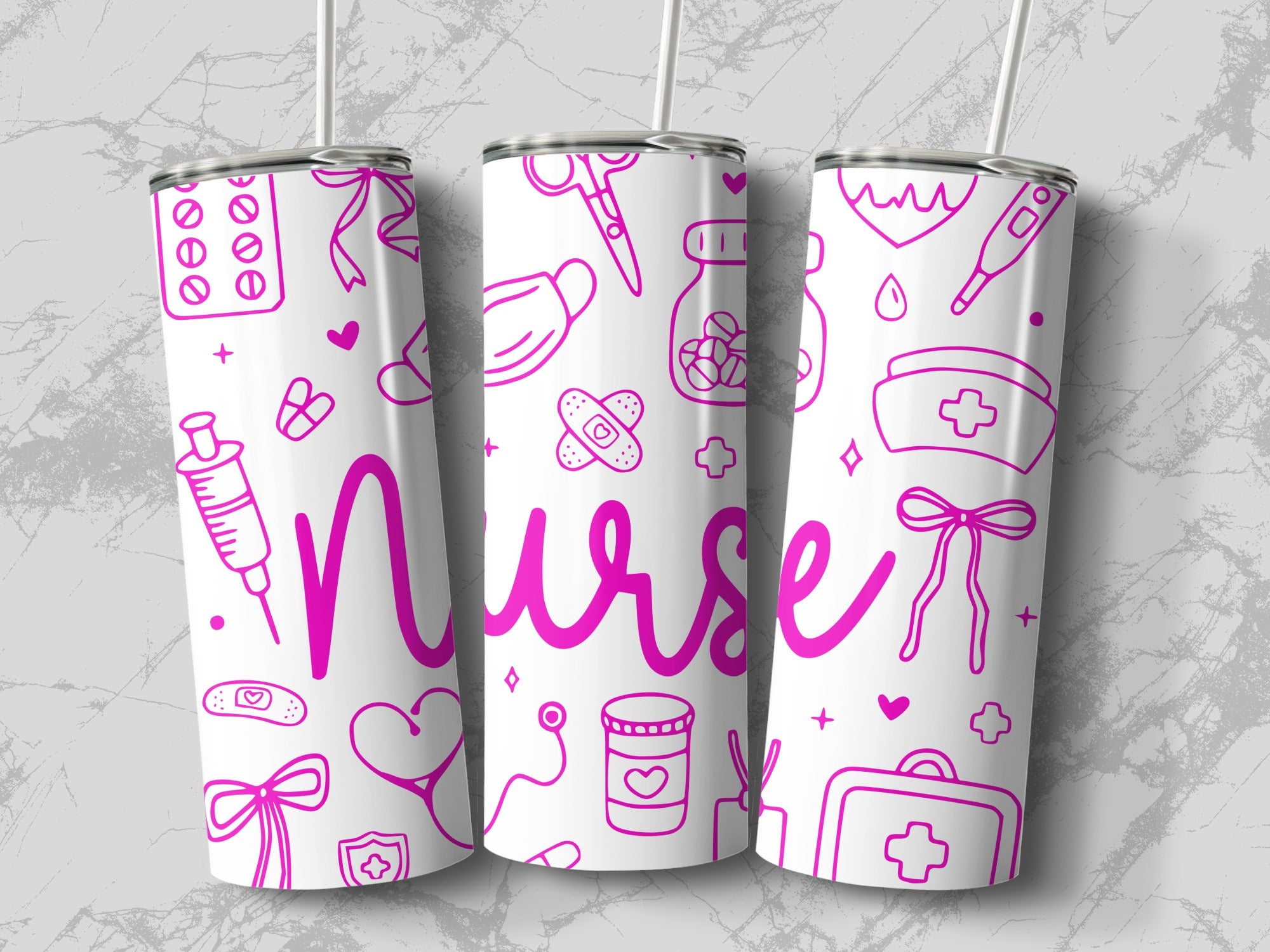 Nurse tumbler with medical icons in pink on white.