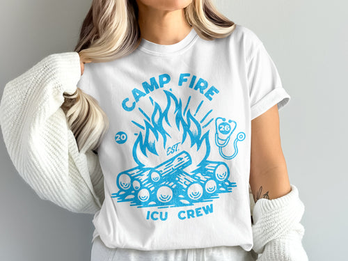 White t-shirt with blue campfire and "ICU Crew" text.