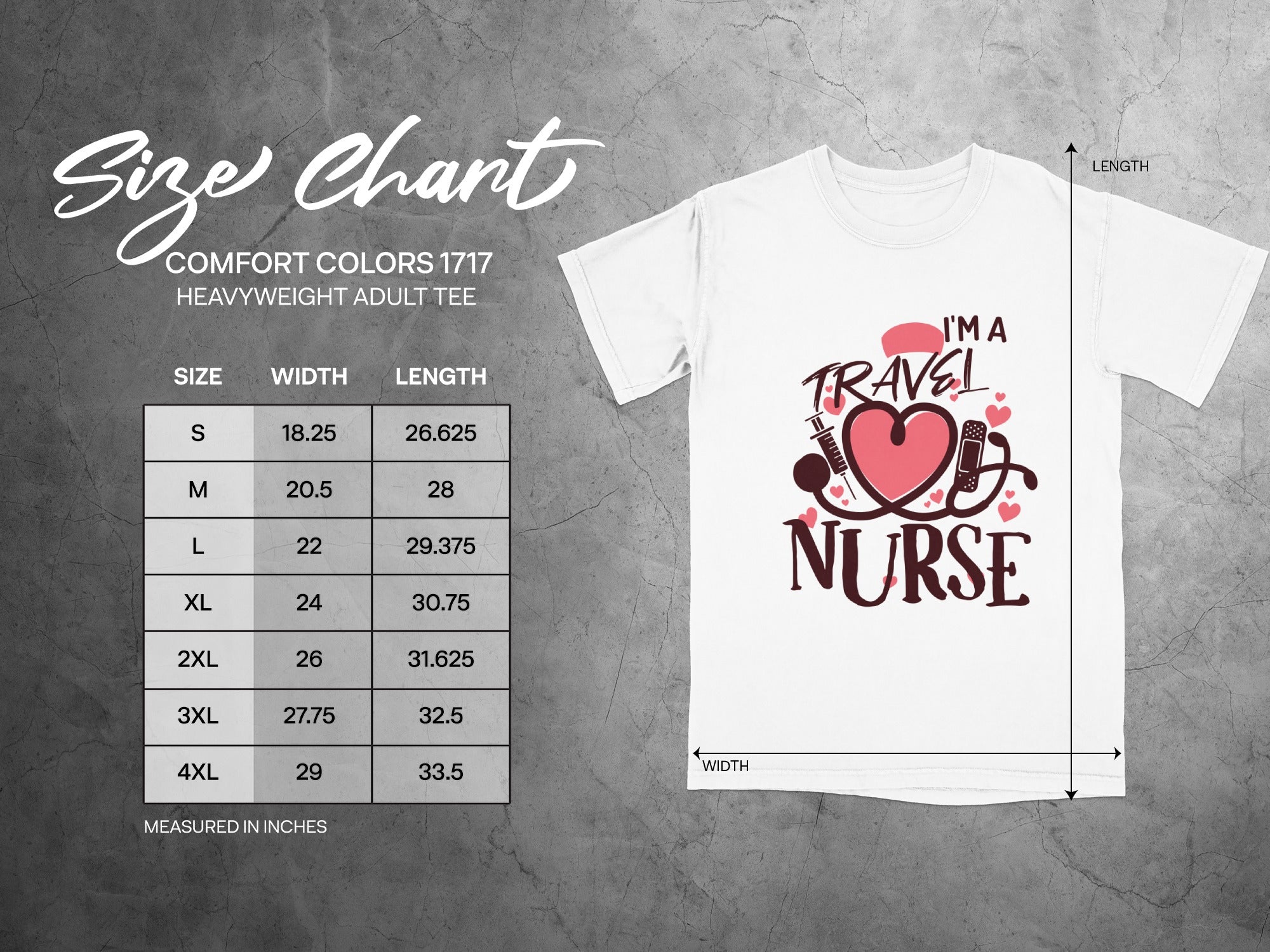T-shirt size chart with width and length measurements in inches.