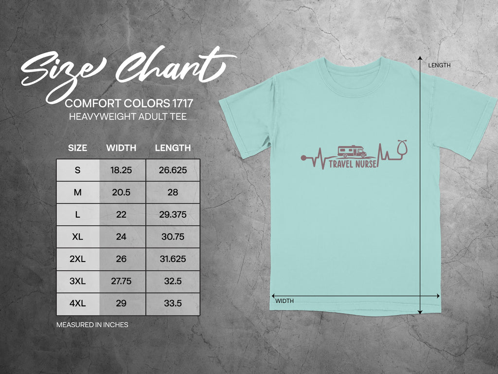 Size chart for Comfort Colors 1717 heavyweight adult tee with width and length measurements.