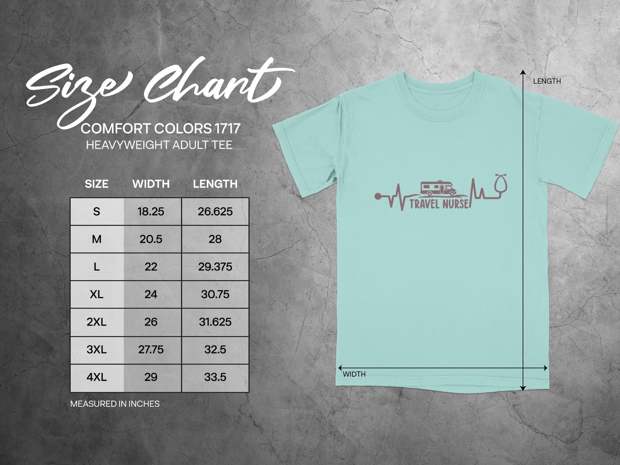 Size chart for Comfort Colors 1717 heavyweight adult tee with width and length measurements.