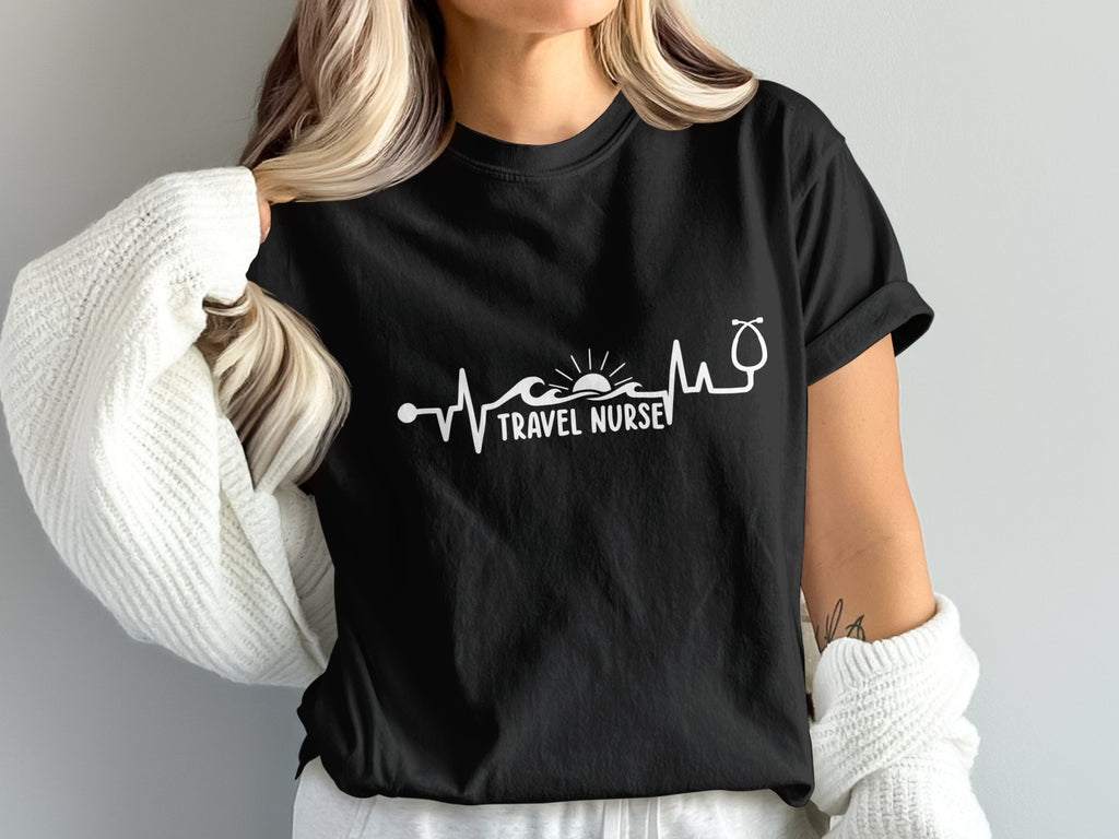 Black t-shirt with stethoscope, heartbeat line, and "Travel Nurse" text.