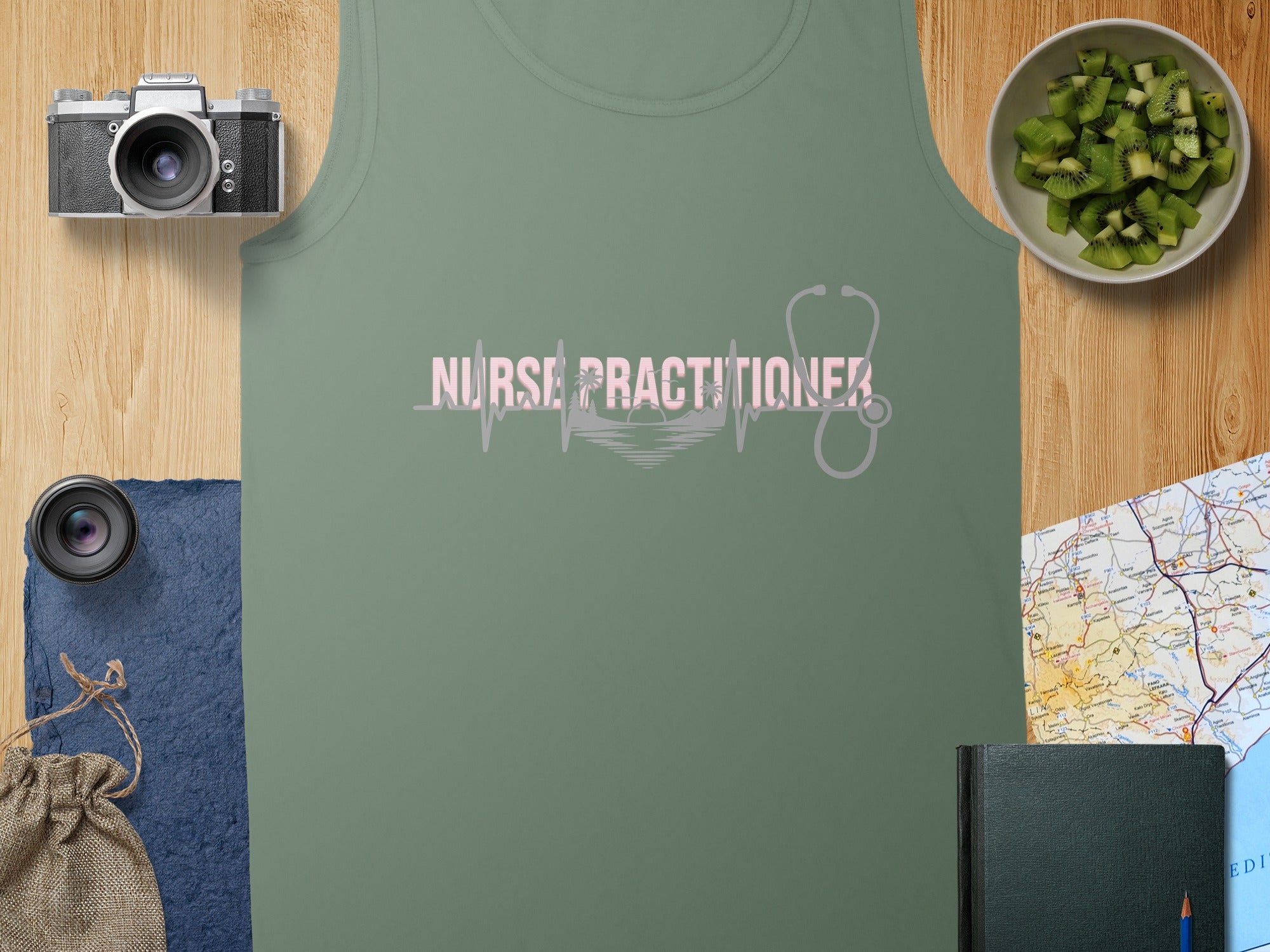Green tank top with "Nurse Practitioner" text and stethoscope design.
