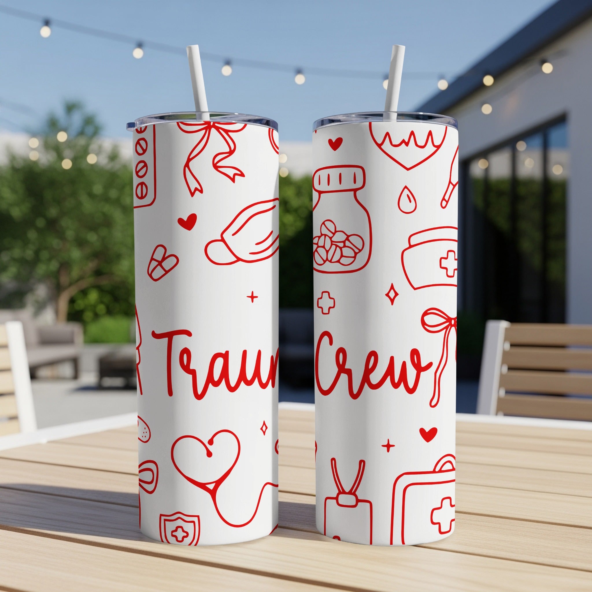 White tumblers with red medical icons and "Trauma Crew" text.