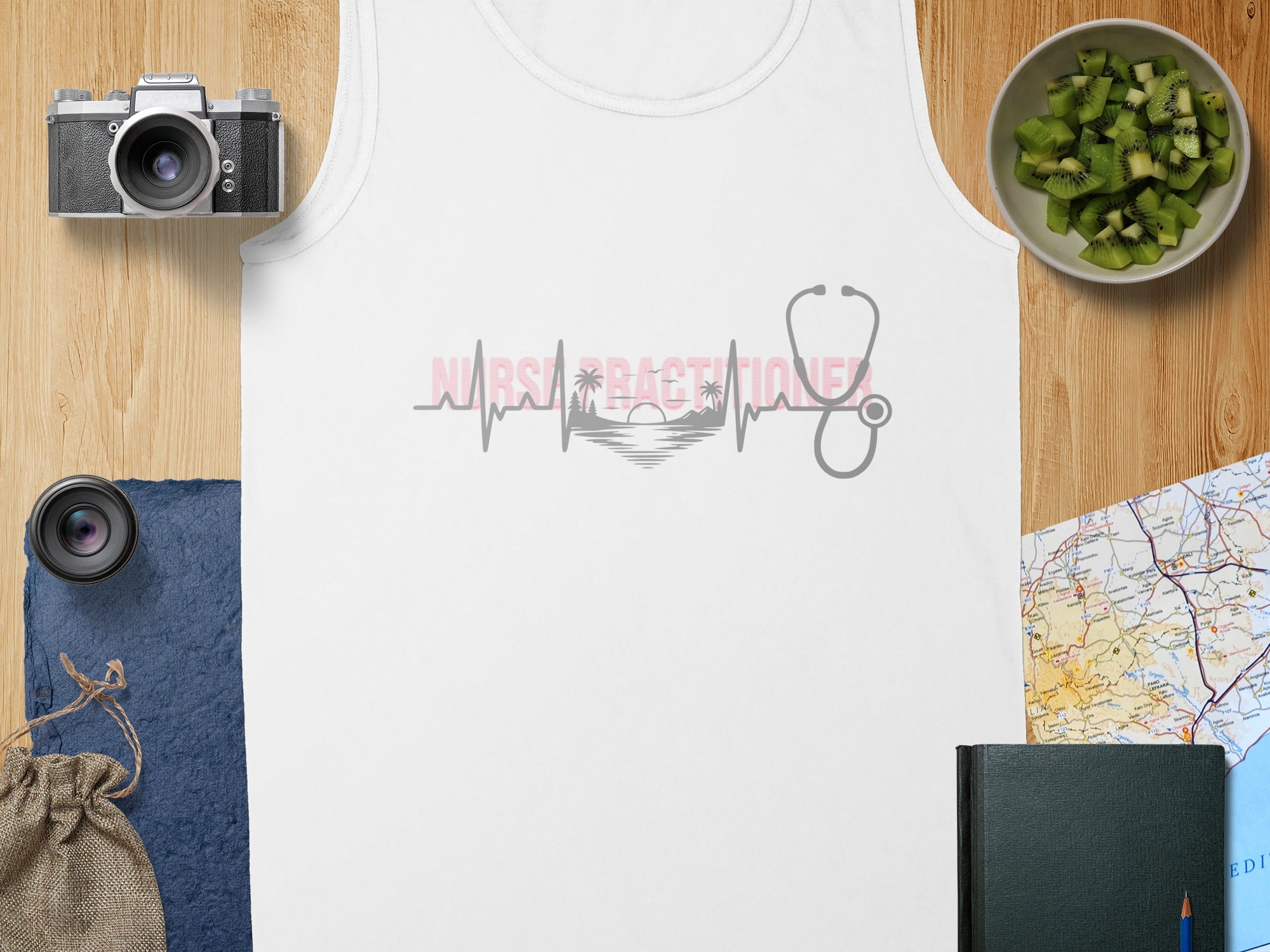 White tank top with "NURSE LIFE" in a heartbeat graphic and stethoscope.