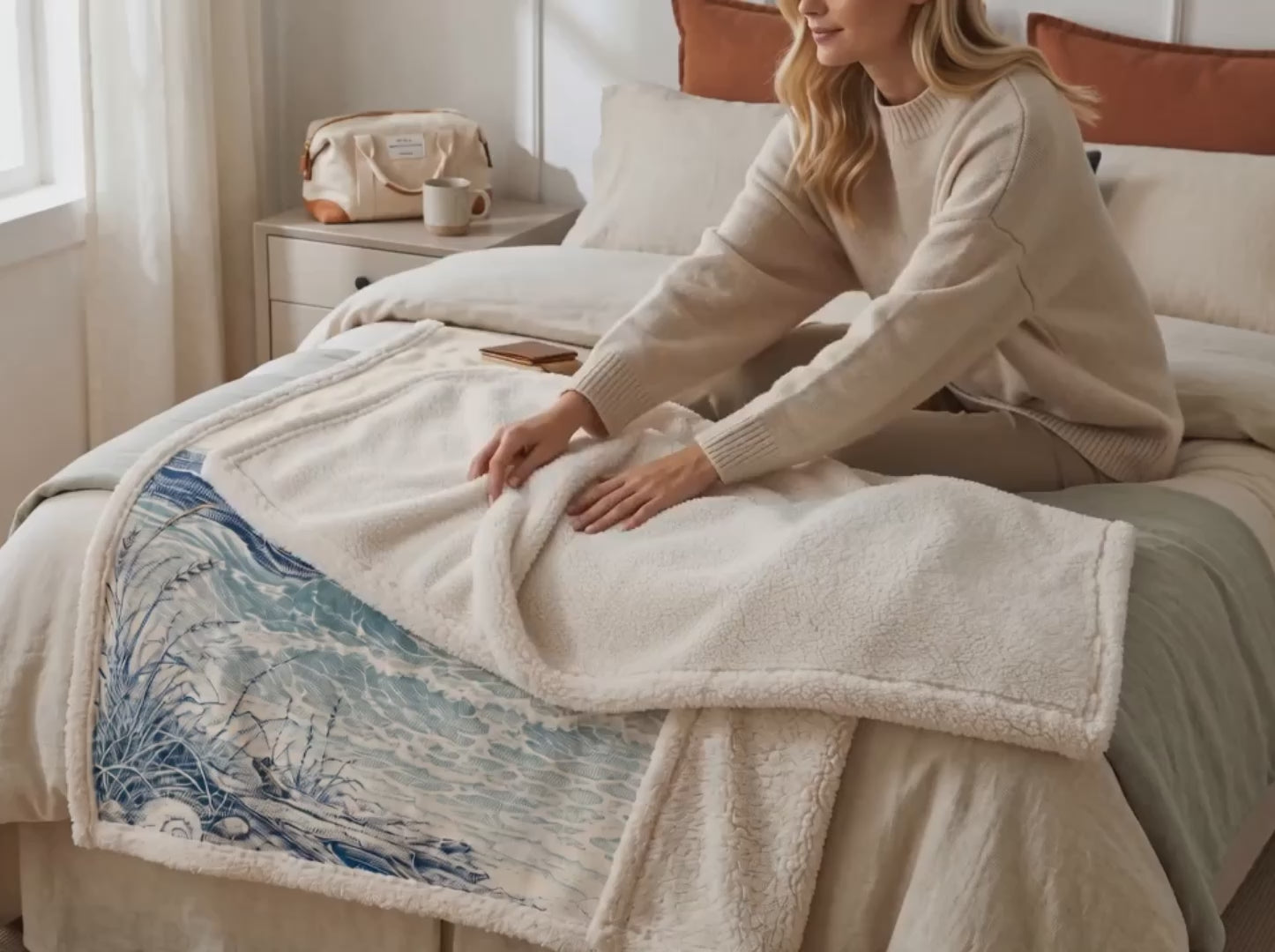 Lighthouse Coastal Sherpa Blanket — Nautical Ocean Wave Throw