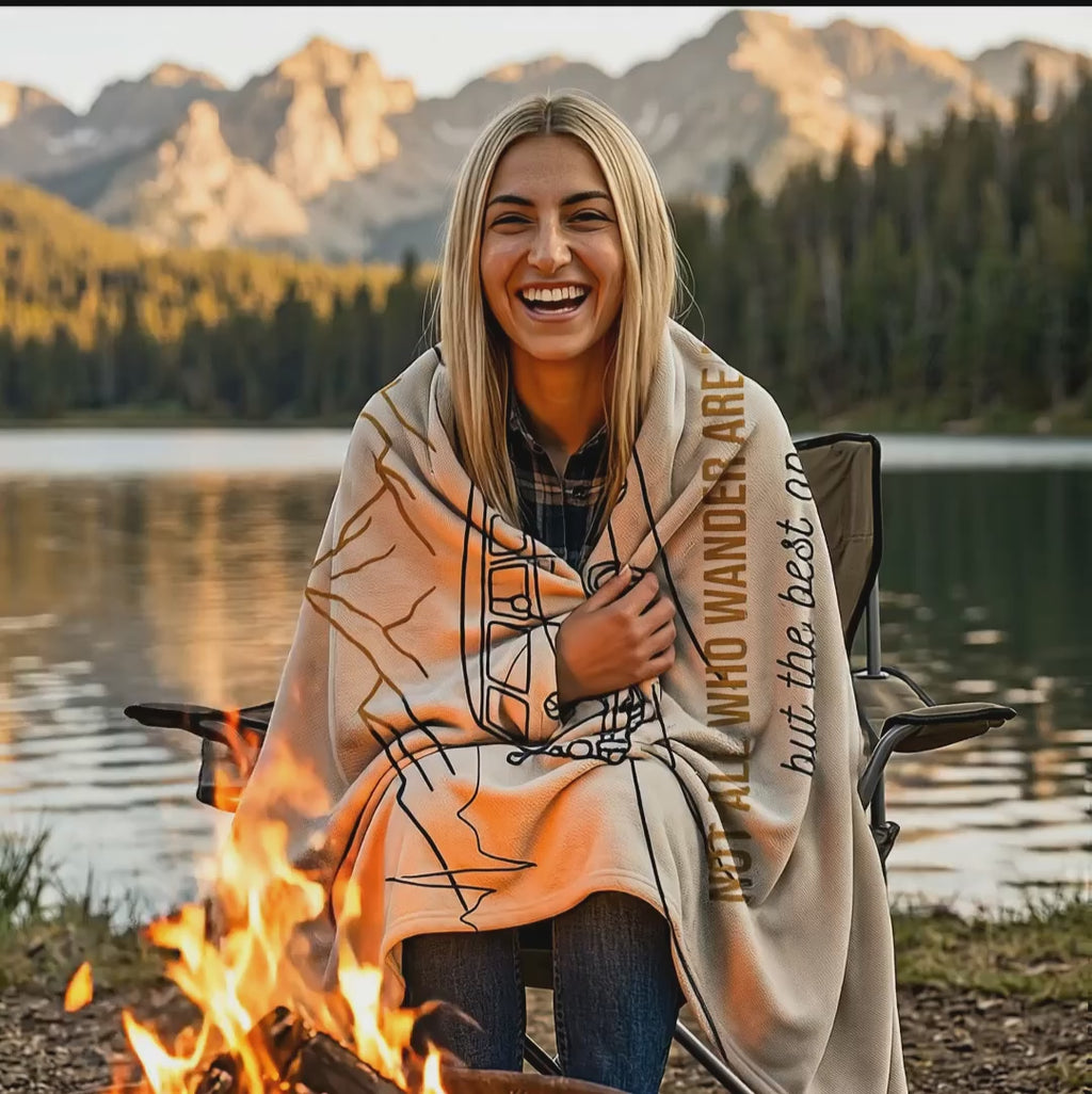 Not All Who Wander Sherpa Fleece Travel Blanket — Cozy Camping Throw