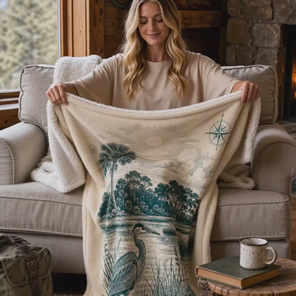 Coastal Heron Sherpa Blanket — Vintage Beach Scene Fleece Throw