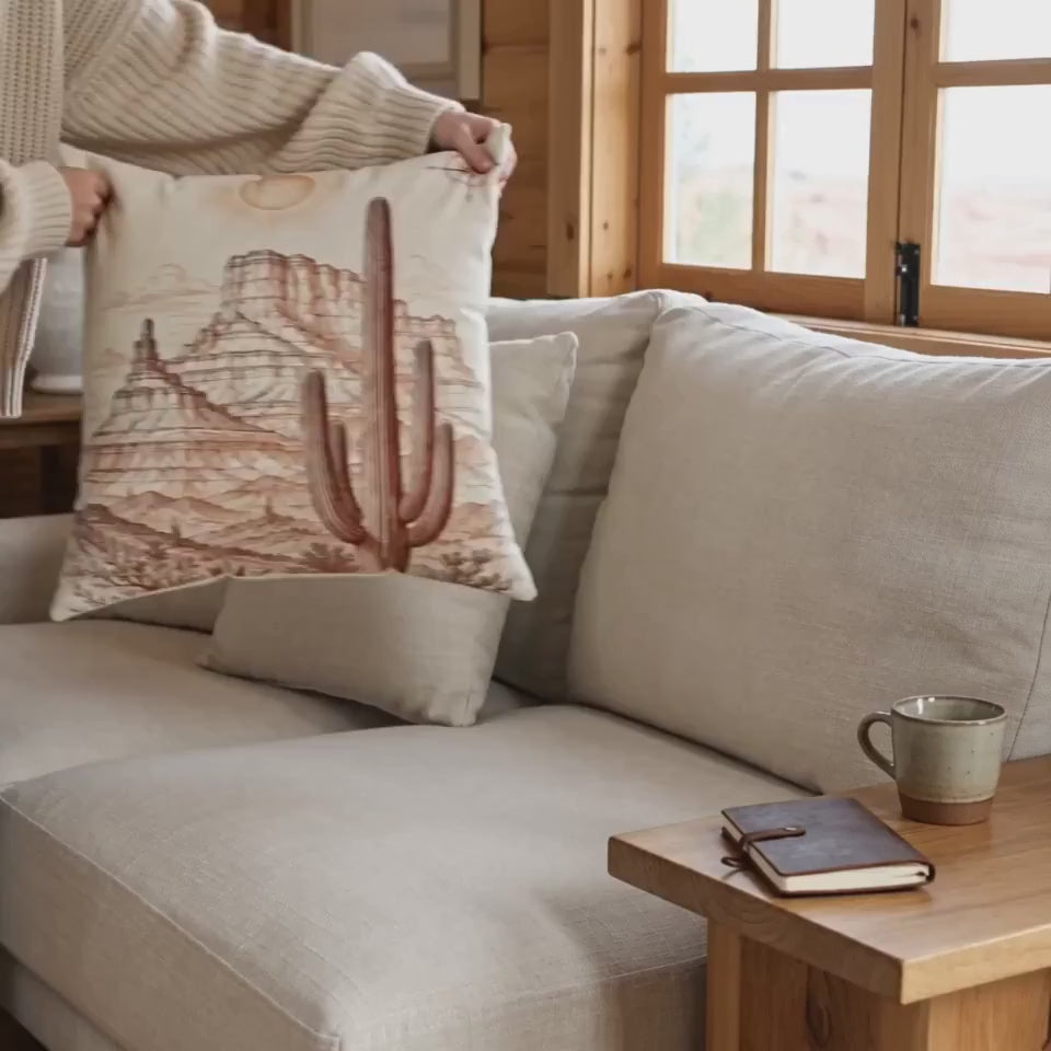 Desert Saguaro Throw Pillow — Southwestern Cactus Landscape Decorative Cushion