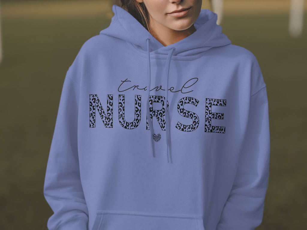 Travel Nurse Leopard Print Hoodie, RN Nurse Life Sweatshirt, Nursing Student Gift, Healthcare Worker Apparel, Trendy Leopard Heart Hooded