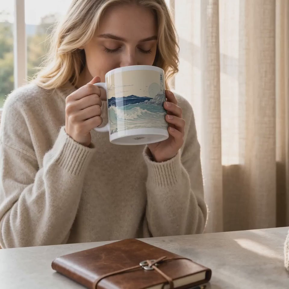 20oz Coastal Lighthouse Mug — Vintage Ocean Waves Scenic Coffee Cup